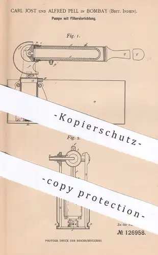 original Patent - Carl Jost , Alfred Pell , Bombay , Indien , 1900 , Pumpe mit Filter | Pumpen | Pasteur | Berkefeld