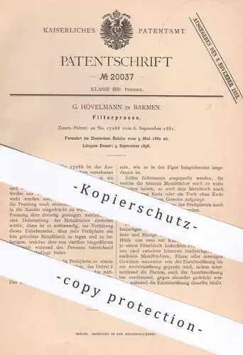 original Patent - G. Hövelmann , Barmen , 1882 , Filterpresse | Filter , Presse , Pressen | Filtrieren , Filtern