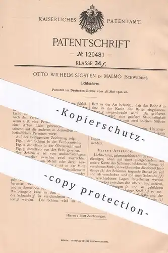 original Patent - Otto Wilhelm Sjösten , Malmö , Schweden , 1900 , Lichtschirm | Krankenhaus | Paravent | Trennwand !!