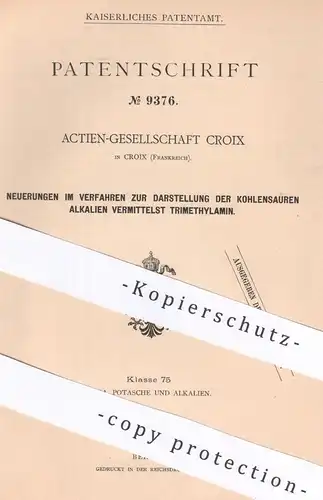original Patent - AG Croix , Frankreich | 1879 | Darst. kohlensaurer Alkalien | Alkali | Vincent | Buvillier | Buisine