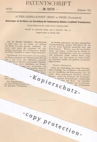 original Patent - AG Croix , Frankreich | 1879 | Darst. kohlensaurer Alkalien | Alkali | Vincent | Buvillier | Buisine