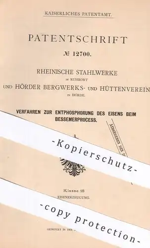 original Patent - Rheinische Stahlwerke , Ruhrort | Hörder Bergwerks- & Hüttenverein , Hörde | 1879 | Eisen | Bessemer