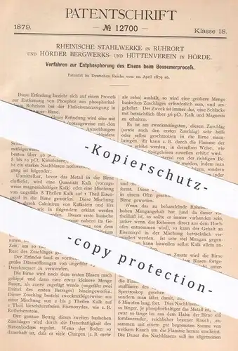 original Patent - Rheinische Stahlwerke , Ruhrort | Hörder Bergwerks- & Hüttenverein , Hörde | 1879 | Eisen | Bessemer