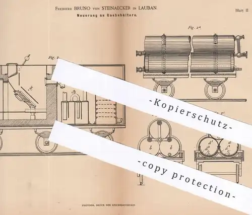 original Patent - Freiherr Bruno von Steinaecker , Lauban , 1883 , Gasbehälter | Gas , Gase , Lampe , Laterne