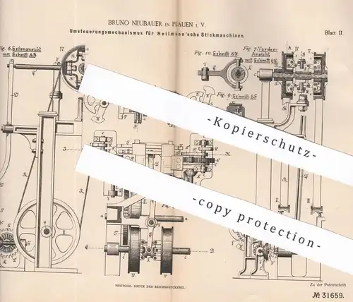 original Patent - Bruno Neubauer , Plauen , 1884 , Umsteuerung für Stickmaschinen von Heilmann | Sticken , Nähmaschine