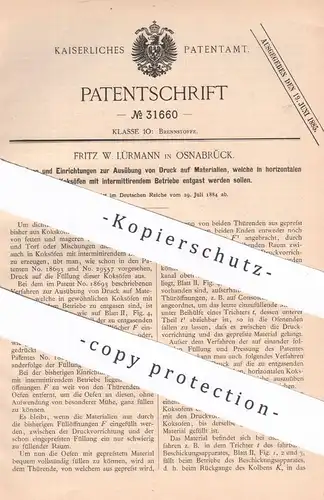 original Patent - Fritz W. Lürmann , Osnabrück , 1884 , Kokskohlen , Brikett , Kohlen , Koksofen , Ofen , Ofenbauer !!