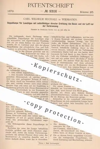 original Patent - Carl Wilhelm Muchall , Wiesbaden , 1879 , Doppellampe für Leuchtgas | Lampe , Gas , Brenner !!