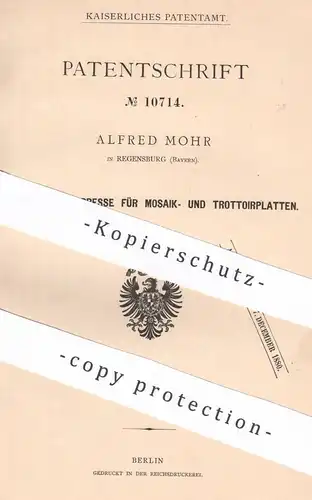 original Patent - Alfred Mohr , Regensburg , 1879 , Presse für Mosaik- u. Trottoirplatten | Hydraulik | Pressen !!