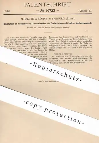 original Patent - M. Welte & Söhne , Freiburg , Baden , 1880 , mechan. Trommelwerk für Orchestrion u. Musikinstrumente