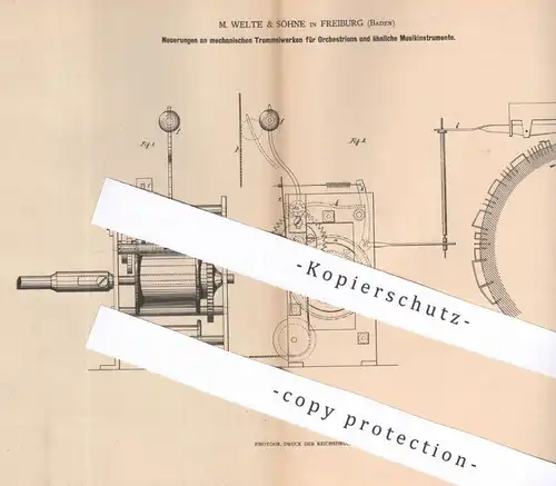 original Patent - M. Welte & Söhne , Freiburg , Baden , 1880 , mechan. Trommelwerk für Orchestrion u. Musikinstrumente