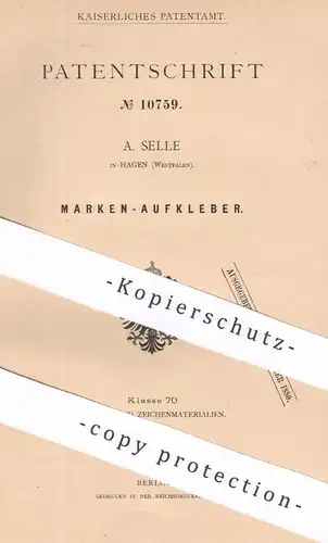 original Patent - A. Selle , Hagen , Westfalen , 1880 , Marken - Aufkleber | Briefmarke , Briefmarken , Post , Stempel