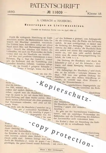 original Patent - A. Umbach , Hamburg , 1880 , Liniermaschinen | Zeichnen , Druck , Druckerei , Lineal !!
