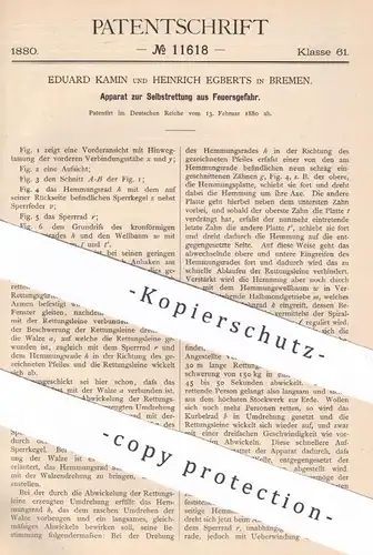 original Patent - Eduard Kamin & Heinrich Egberts , Bremen , 1880 , Selbstrettung aus Feuersgefahr | Feuerwehr , Brand