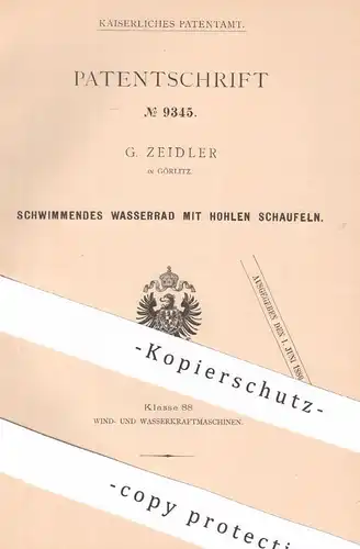 original Patent - G. Zeidler , Görlitz , 1879 , Schwimmendes Wasserrad mit hohlen Schaufeln | Wasserkraft , Energie !!!