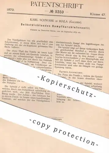 original Patent - Karl Schwabe , Biala , Galizien , 1879 , Selbstdichtendes Dampfdurchlassventil | Dampfmaschine Kessel