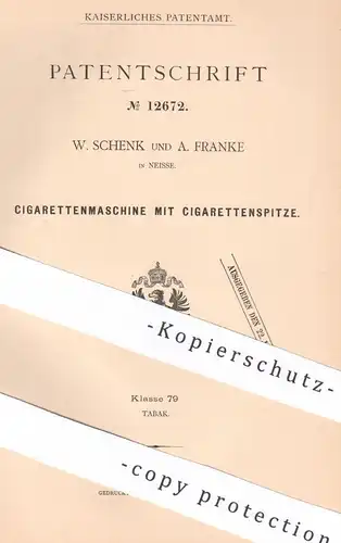 original Patent - W. Schenk & A. Franke , Neisse , 1880 , Zigarettenmaschine | Zigaretten , Zigarren , Tabak !!