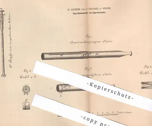 original Patent - W. Schenk & A. Franke , Neisse , 1880 , Zigarettenmaschine | Zigaretten , Zigarren , Tabak !!