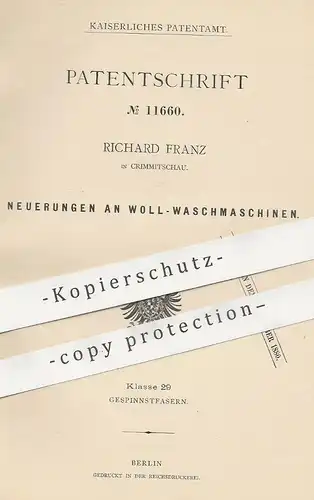 original Patent - Richard Franz , Crimmitschau  1880 , Wollmaschine | Wolle , Walze , Walzen , Gewebe , Stricken , Weben