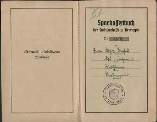 Sparbuch 1945 !!!  Wuthenow b. Neuruppin Sparkasse !!!