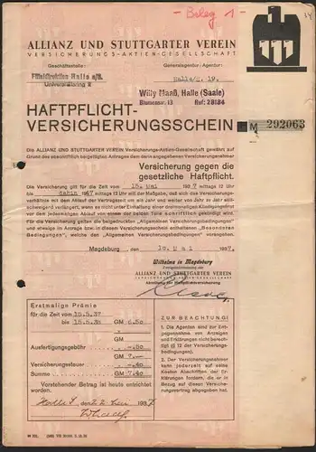 Versicherungsschein Halle / Saale 1937, Versicherung Hindenburgstraße Magdeburg !!