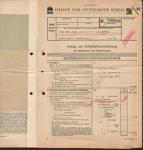 Versicherungsschein Halle / Saale 1937, Versicherung Hindenburgstraße Magdeburg !!