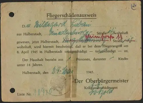 Fliegerschädenausweis Halberstadt , MAI 1945 !!! Bombardierung  Absoltut RAR , Flieger , Ausweis , Krieg !!!