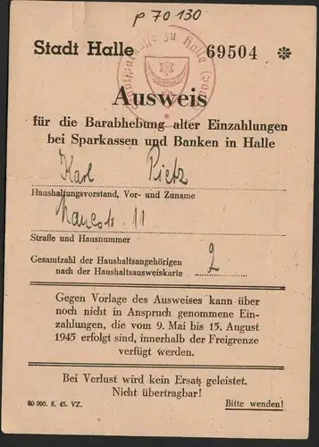 Ausweis Karl Pietz 1945 , Halle / Saale , mit Stempel  !!! Absoltut RAR !!