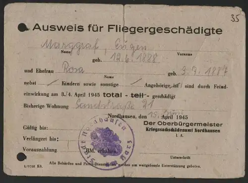 Nordhausen / Harz , 1945 , Ausweis für Fliegergeschädigte !!! Absoltut RAR , Bombardierung , Krieg , Flieger !!!