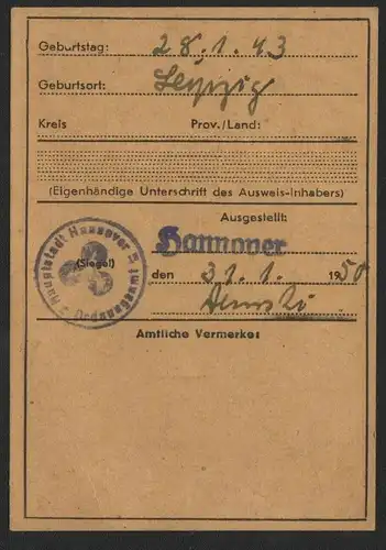 Flüchtlingsausweis , Land Niedersachsen , Hannover , 1950 , Flucht Vertreibung , Ausweis