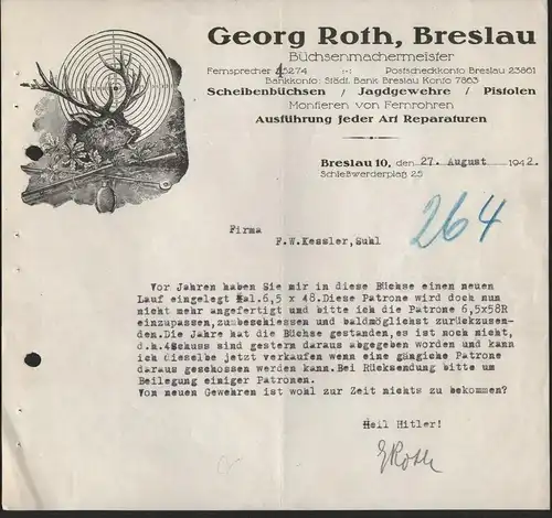 F.W. Kessler in Suhl , 1942 , Waffen , Georg Roth in Breslau , Büchsenmacher !!!
