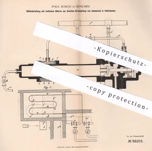 original Patent - Poul Schou , München , 1890 , Kühlrohrleitung zur Verdampfung von Ammoniak im Kühlraum !!