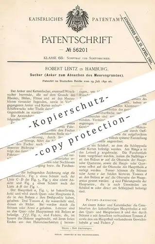 original Patent - Robert Lentz , Hamburg , 1890 , Sucher | Anker zum Absuchen vom Meeresgrund | Fischer , Schiff , Hafen