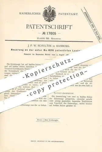 original Patent - J. F. W. Schultze , Hamburg , 1881 , Lastwinde | Lastenwinde | Winde , Seilwinde , Hebezeug , Aufzug