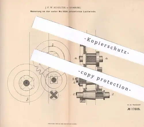 original Patent - J. F. W. Schultze , Hamburg , 1881 , Lastwinde | Lastenwinde | Winde , Seilwinde , Hebezeug , Aufzug