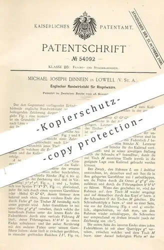 original Patent - Michael Joseph Dinneen , Lowell , USA  , 1889 , Englischer Rundwirkstuhl für Ringelware | Wirkstuhl