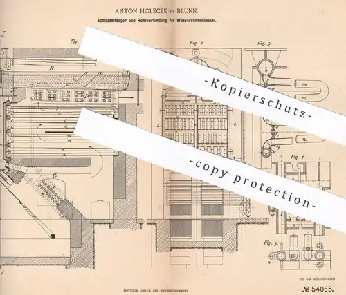 original Patent - Anton Holecek , Brünn , 1890 , Schlammfänger u. Rohrverbindung für Wasserröhrenkessel | Wasserkessel !