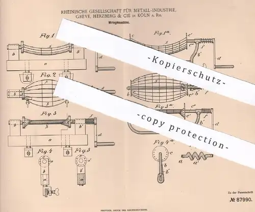 original Patent - Rheinische Gesellschaft f. Metall Industrie , Greve , Herzberg & Cie , Köln / Rhein | Wringmaschine !!