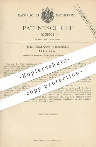 original Patent - Ferd. Denckmann , Hamburg , 1885 , Türglocke | Tür - Glocke , Klingel | Geläut | Türklingel