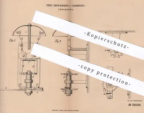 original Patent - Ferd. Denckmann , Hamburg , 1885 , Türglocke | Tür - Glocke , Klingel | Geläut | Türklingel