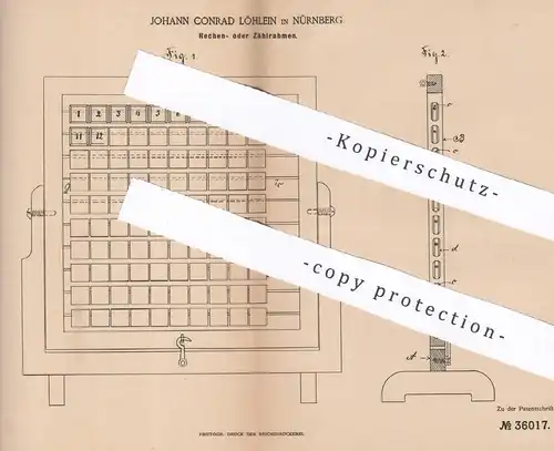 original Patent - Johann Conrad Löhlein , Nürnberg , 1885 , Rechenrahmen , Zählrahmen | Rechenschieber , Mathematik !!!