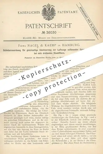 original Patent - Nagel & Kaemp , Hamburg , 1885 , Schieberanordnung an Staubfilter | Filter , Mühle , Mühlen !!