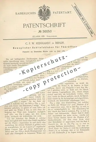 original Patent - C. F. W. Reinhardt , Berlin , 1885 , Beweglicher Schließkolben f. Türöffner | Türschloss , Tür Schloss
