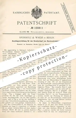 original Patent - Sponholz & Wrede , Berlin , 1898 , Anschlag für den Revolverkopf von Revolver - Drehbank | Waffen !!!