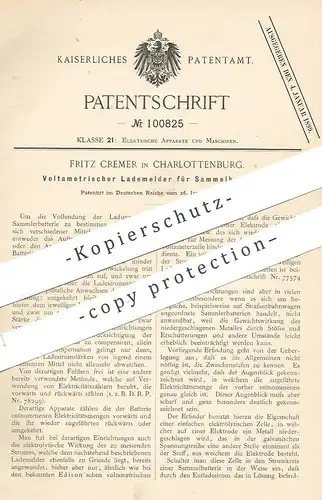 original Patent - Fritz Cremer , Berlin / Charlottenburg , 1898 , Voltametrischer Lademelder f. Batterien | Volt , Strom