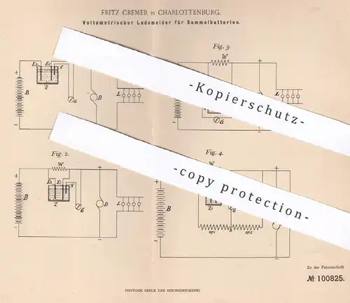 original Patent - Fritz Cremer , Berlin / Charlottenburg , 1898 , Voltametrischer Lademelder f. Batterien | Volt , Strom