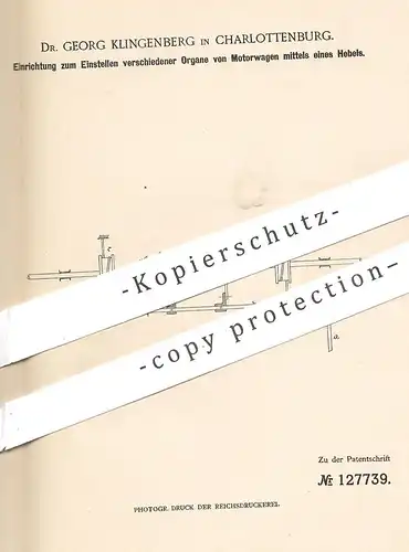 original Patent - Dr. Georg Klingenberg , Berlin / Charlottenburg , 1900 , Einstellungen am Motorwagen | Motor , Motoren