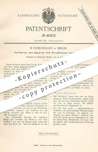 original Patent - B. Fleischmann , Berlin , 1888 , Herablassen von Lasten bei Rettung | Seilwinde , Aufzug , Hebezeug