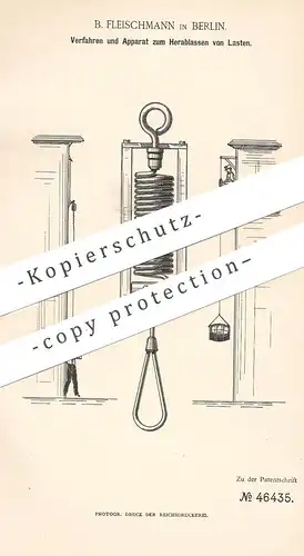 original Patent - B. Fleischmann , Berlin , 1888 , Herablassen von Lasten bei Rettung | Seilwinde , Aufzug , Hebezeug