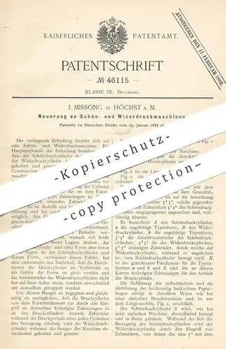 original Patent - J. Missong , Höchst / Main , 1888 , Maschine für Schöndruck , Widerdruck | Druck , Buchdruck , Presse