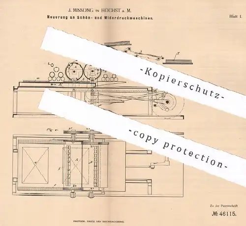 original Patent - J. Missong , Höchst / Main , 1888 , Maschine für Schöndruck , Widerdruck | Druck , Buchdruck , Presse